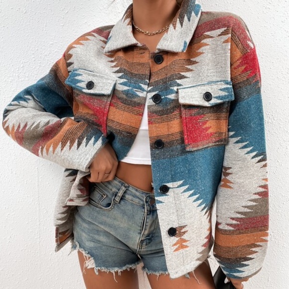 Cozy Blue Red Tribal Print Button up Jacket Shacket Luxe - Picture 3 of 6